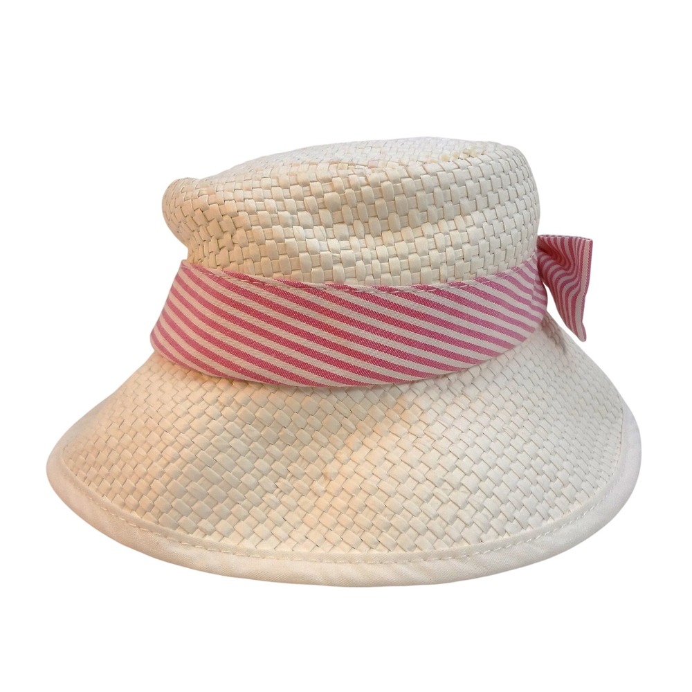 American Girl doll Woven Straw Sun Hat Wide Brim Pink Stripe Ribbon Bow